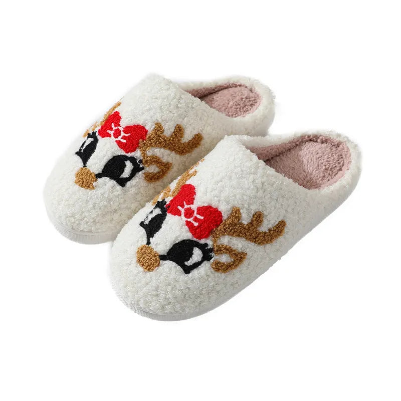 Christmas deer slippers with plush upper, TPR non-slip sole, 3.5cm heel, round toe, fox pattern, sizes 36-45
