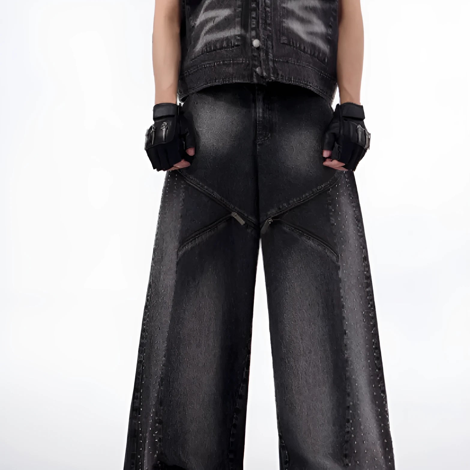 Korean style wide leg trousers and matching waistcoat set in black and grey washed denim fabric