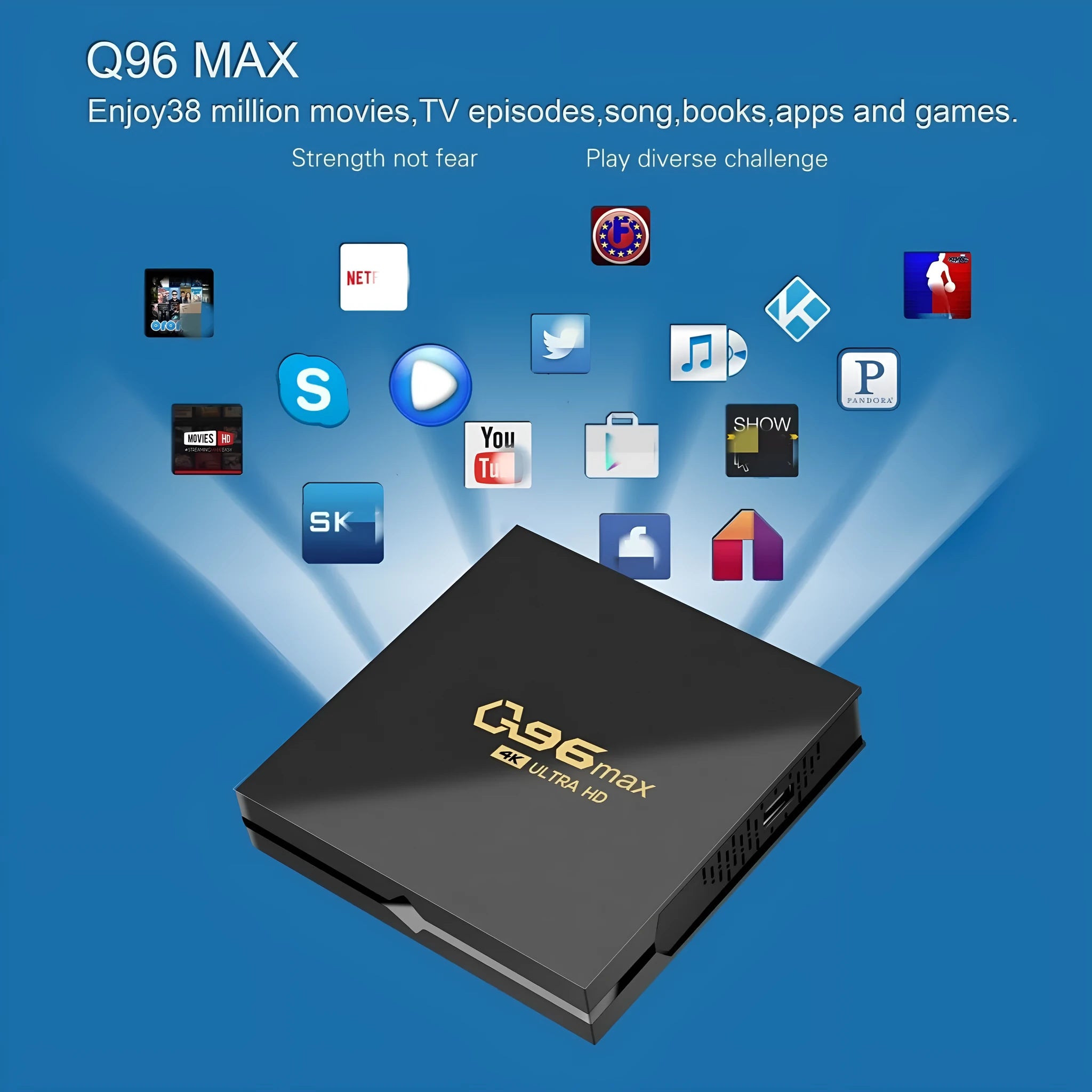 Q96 MAX Android TV box set-top box with remote control and HDMI cable for 4K streaming