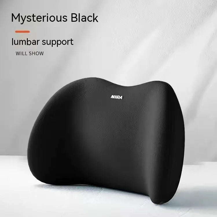 Black memory foam car headrest pillow and matching lumbar support pillow with a milk silk cover.