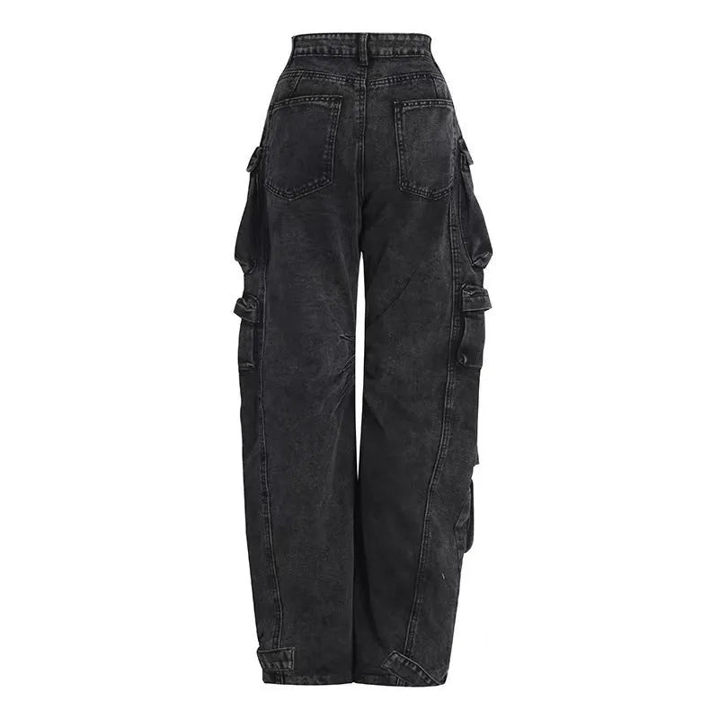 Women's high waist wide leg trousers with tie-dyed pattern and multiple pockets