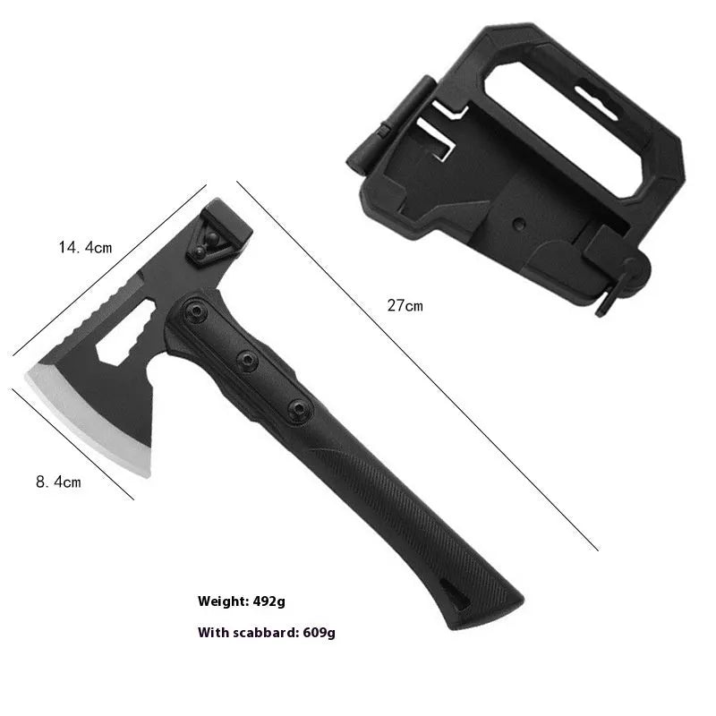 Stainless steel camping axe with ABS plastic handle in outdoor setting