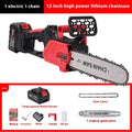 Red 12-inch handheld chainsaw with brushless D1 motor, manganese steel chain, and rechargeable lithium battery