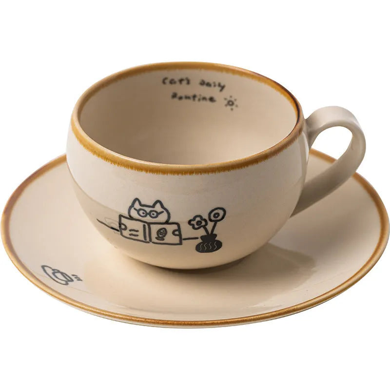 Cute Japanese cat ceramic coffee cup 250ml with healing illustration in Reading design on a table