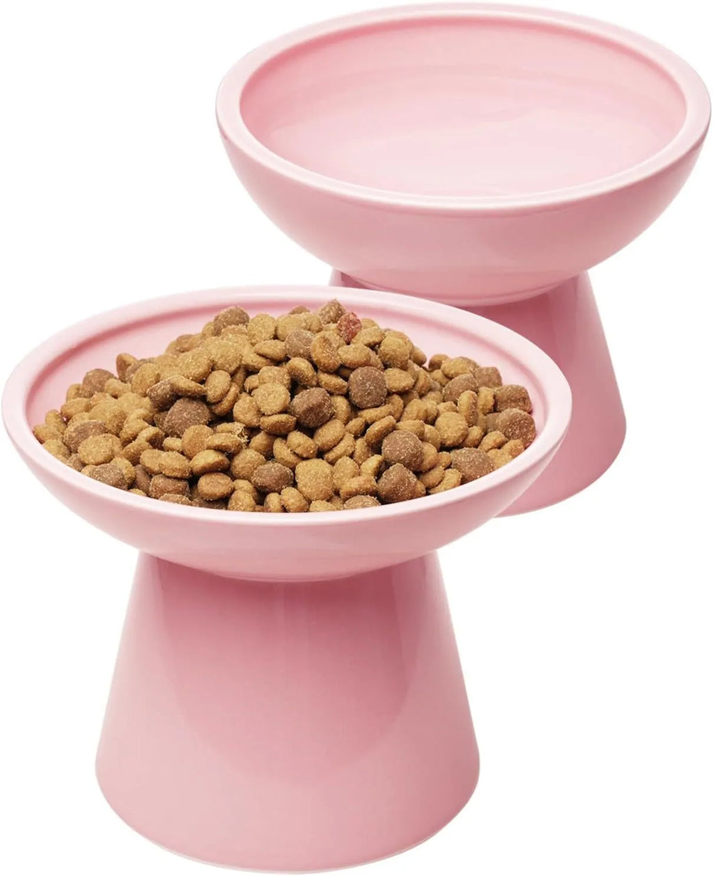 Elevated ceramic cat bowl in blue with wide shallow dish on weighted base