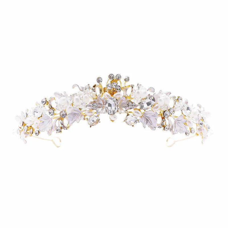 Pearl elegant crown headdress with alloy construction in gold or silver electroplated finish