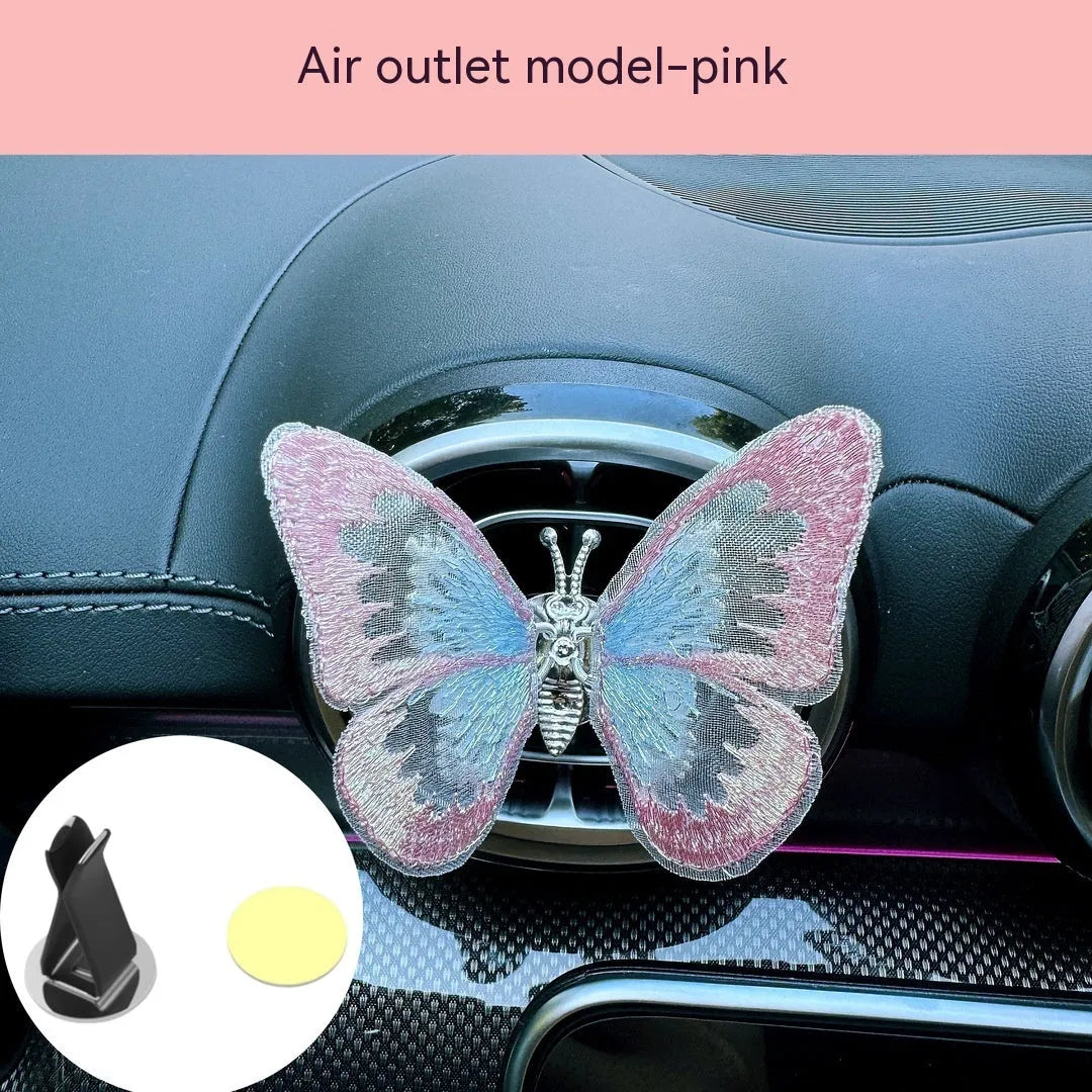 Moving embroidery butterfly fabric car centre console air vent decoration in multiple colour options
