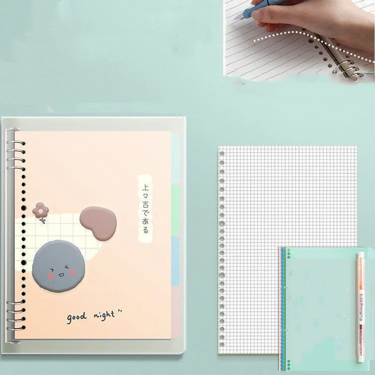 B5 hardcover notebook with lucky cat design showing binder binding for detachable pages