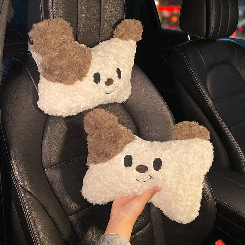 Car seat cushion set with puppy plush headrest and lumbar support pillow in cartoon style