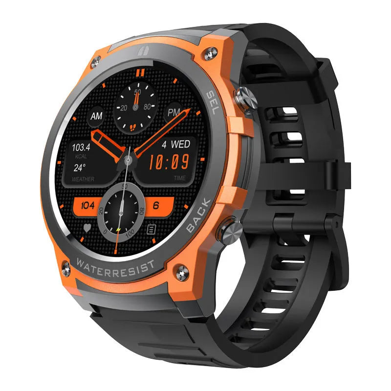 Smart watch with AMOLED display in orange colour showing heart rate and time on wrist
