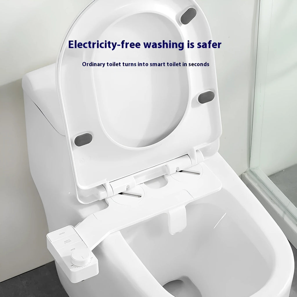 KB06 pure white bidet attachment with control knob, detachable nozzle, and three copper plumbing fittings on a white background.
