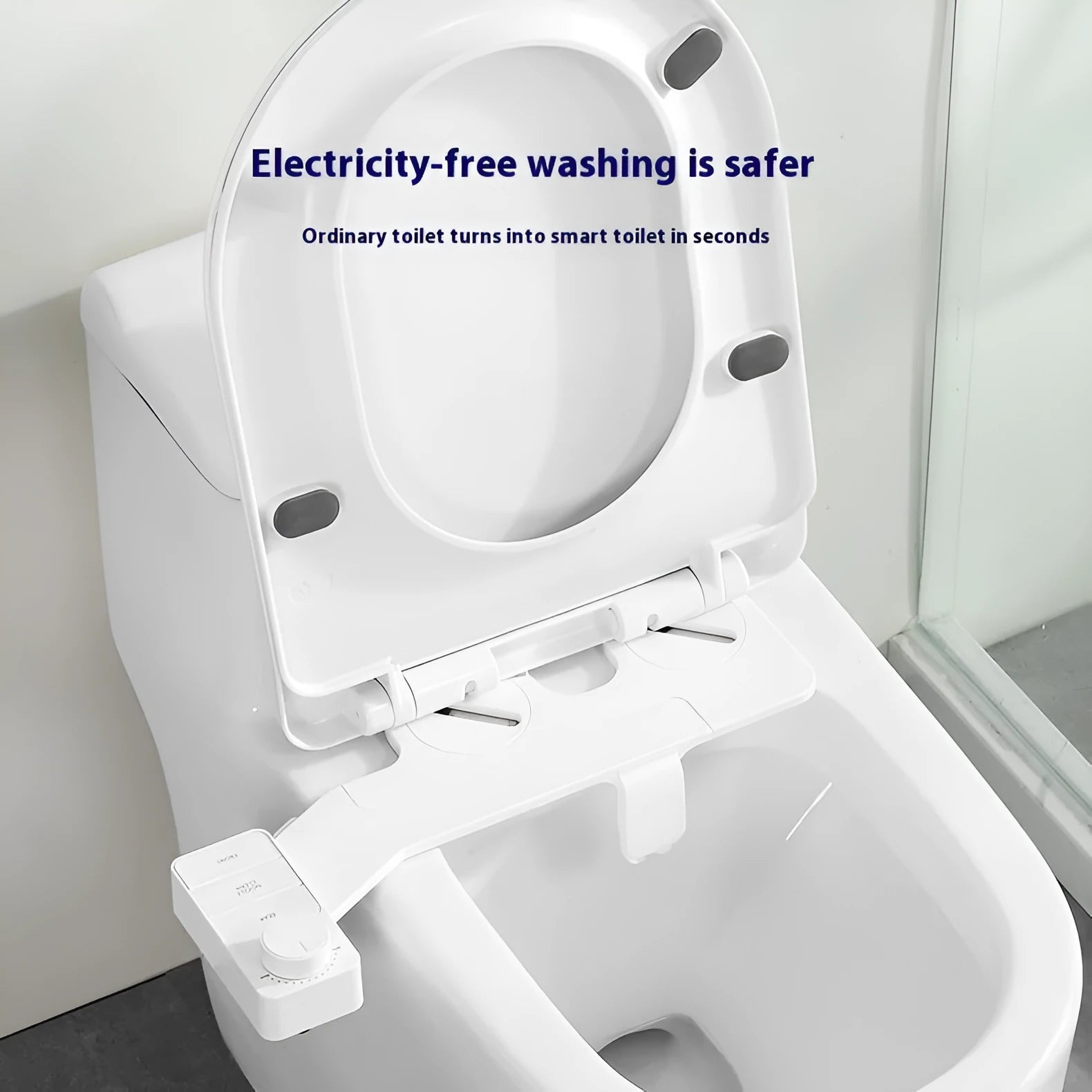 KB06 pure white bidet attachment with control knob, detachable nozzle, and three copper plumbing fittings on a white background.