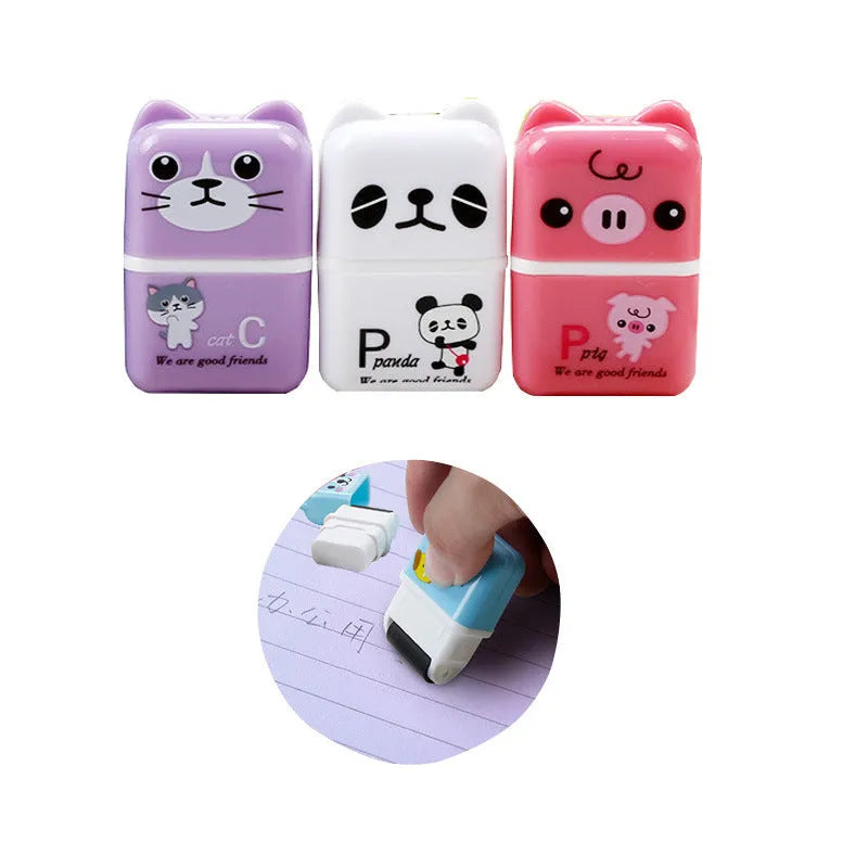 Cartoon animal pencil eraser, plastic, 3x1.5x5cm, mixed colours, 6 pack for pencil writing correction.