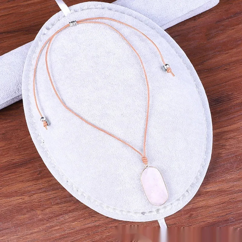 Natural stone pendant necklace with adjustable leather cord in Pink Crystal or WhitePine colour option