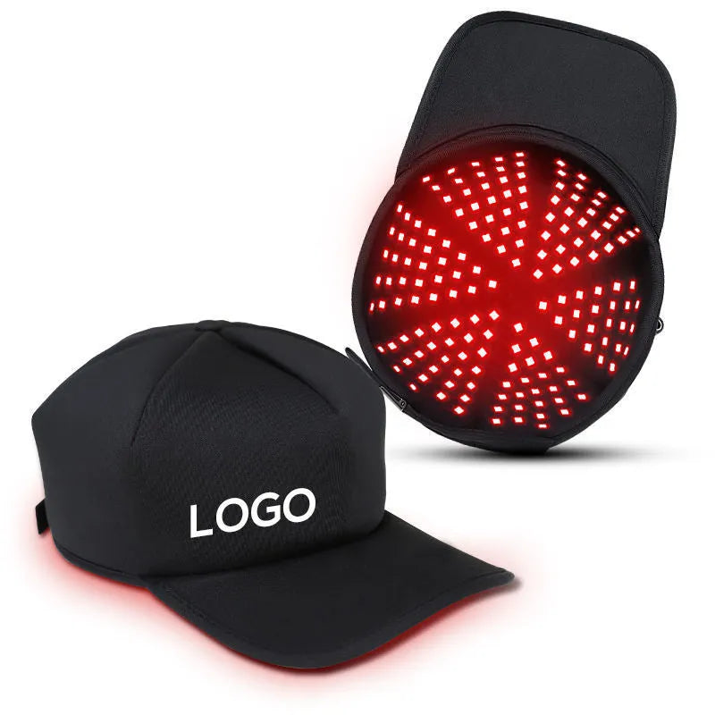 Black infrared red light hair care therapy cap for hair growth on neutral background
