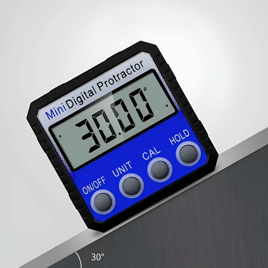 Blue digital inclinometer with magnetic flip base, 52x52x28mm, 4x90° range