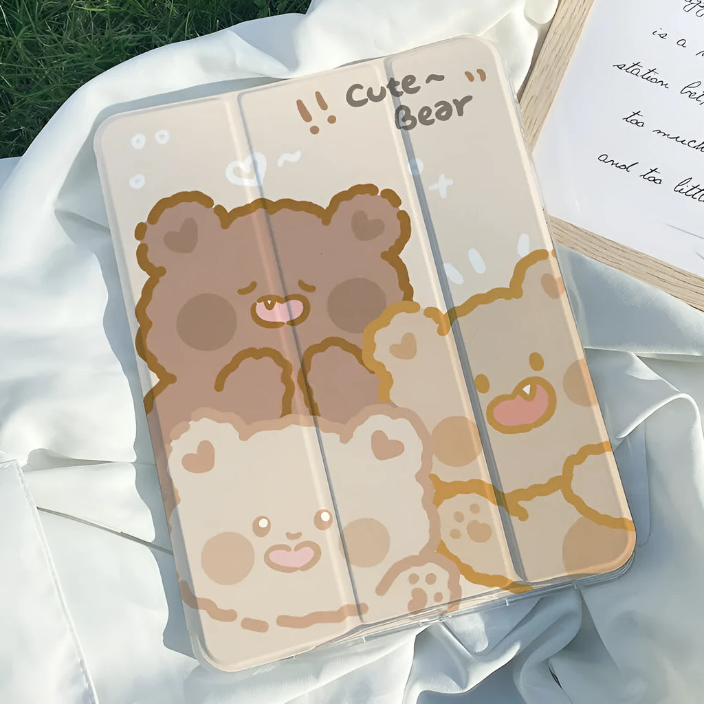 Silicone tri-fold protective case for iPad showing rabbit cartoon design and folded stand position.