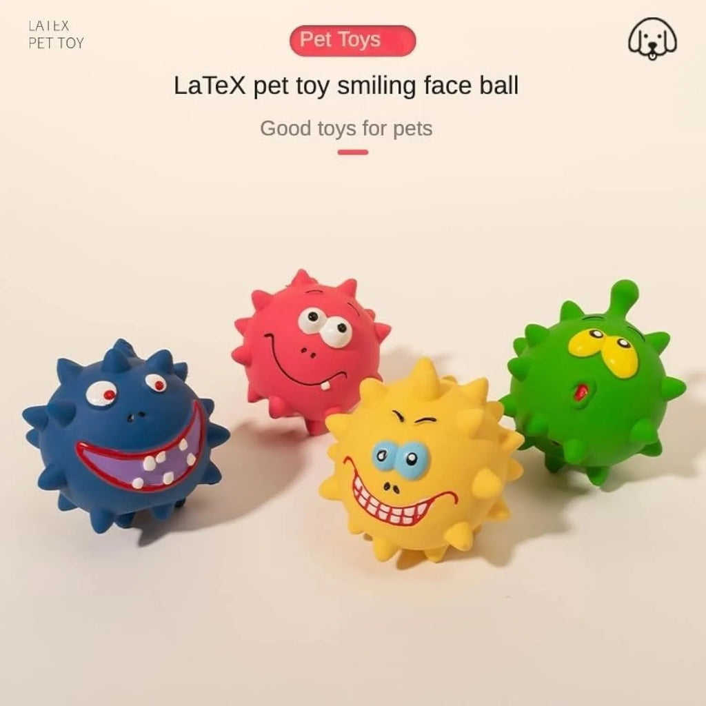 Set of four colourful latex squeaky dog balls with cute faces, each measuring 7.5cm.
