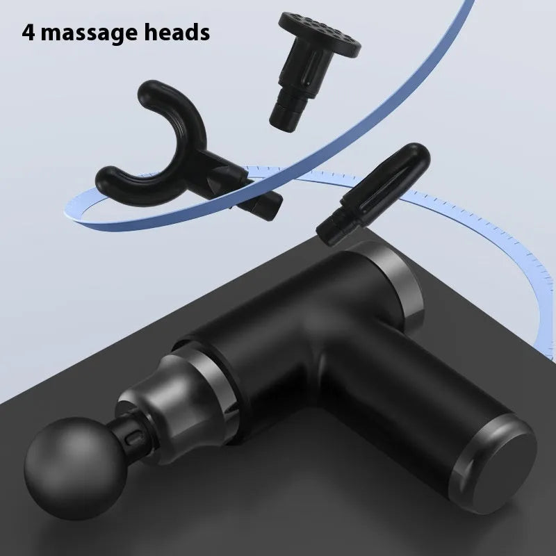 Black mini portable massage gun with LED screen and 32 speed LCD display on white background