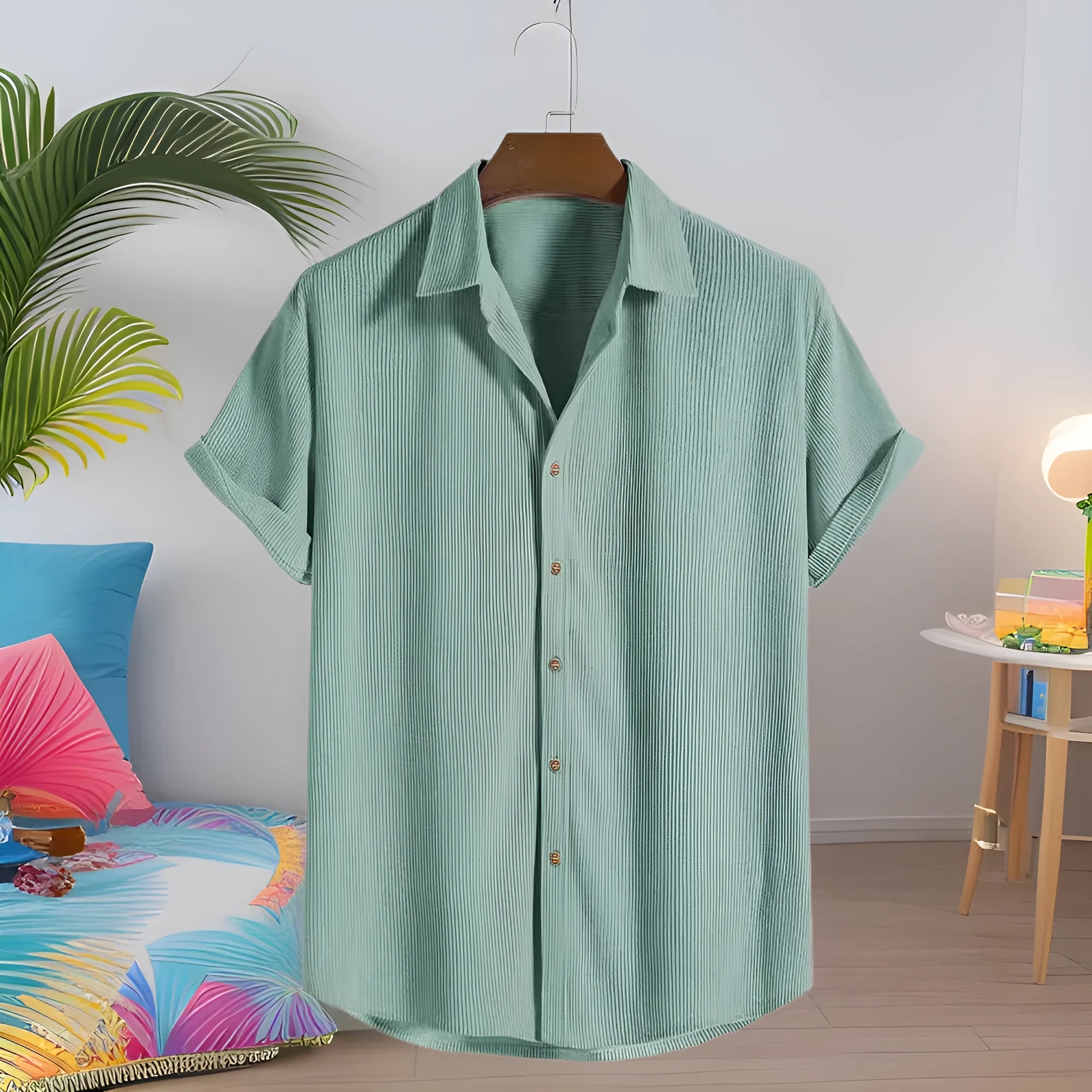Men's casual short-sleeved polyester shirt in cardigan style showing colour options and extended sizing