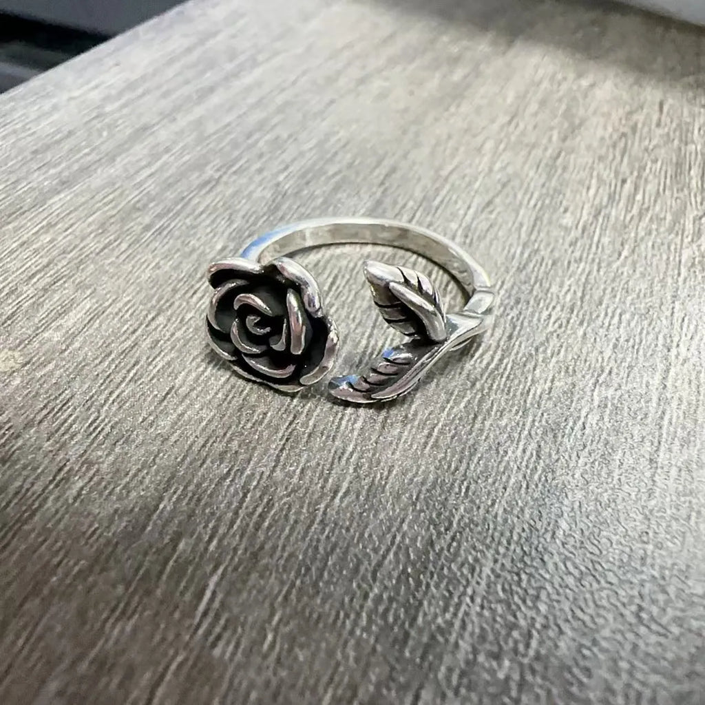 Retro blue enamel rose ring with adjustable copper band, silver or blue colour options, casual women's jewellery.