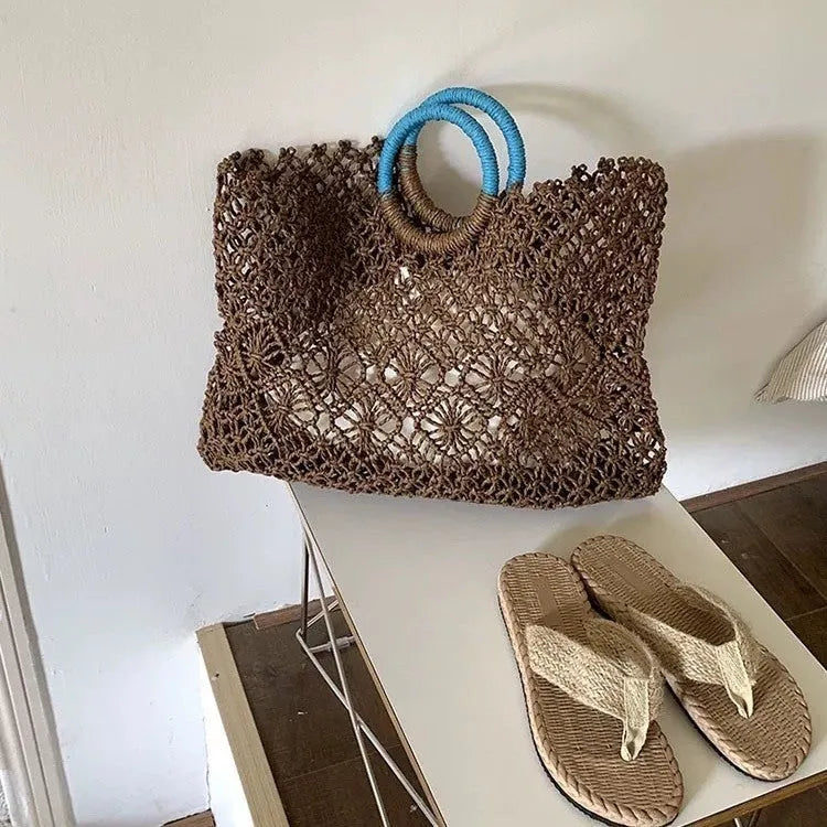 Minority all-match hollow handmade straw bag in dark brown with square vertical shape, 44cm wide