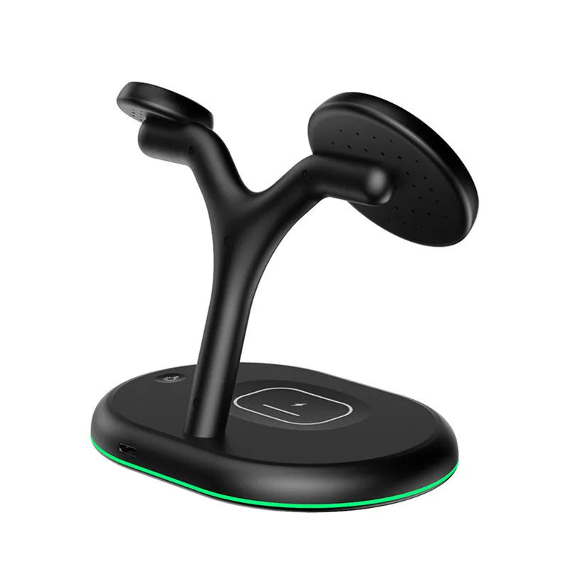Black magnetic wireless charging stand holding an iPhone vertically on a desk
