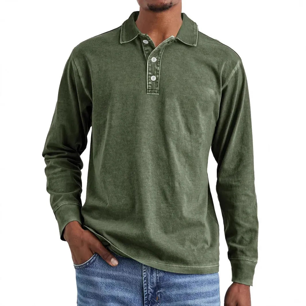 Retro washed distressed pure cotton men's long sleeve polo shirt with a lapel collar.