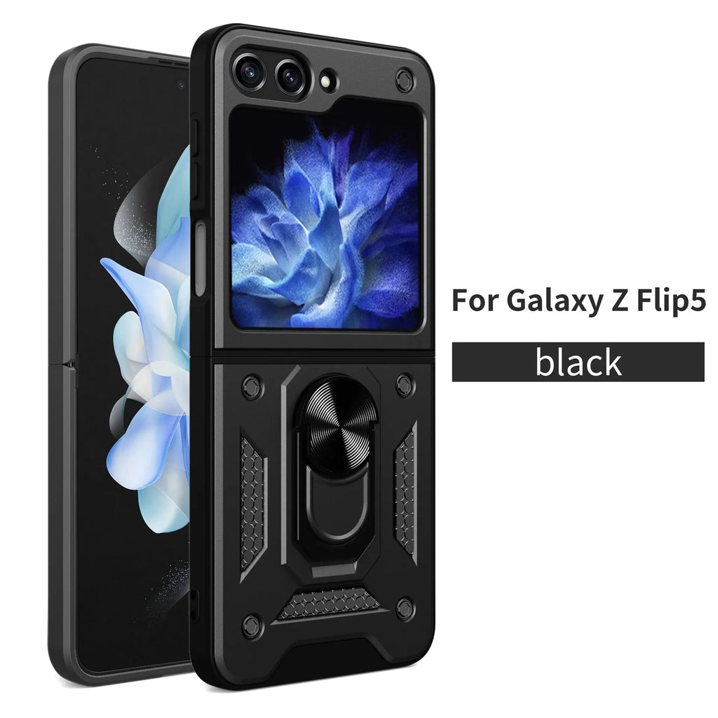 Shunjia sliding window mirror phone case for Samsung Z Flip and Z Fold, black colour, with bracket and mirror closed