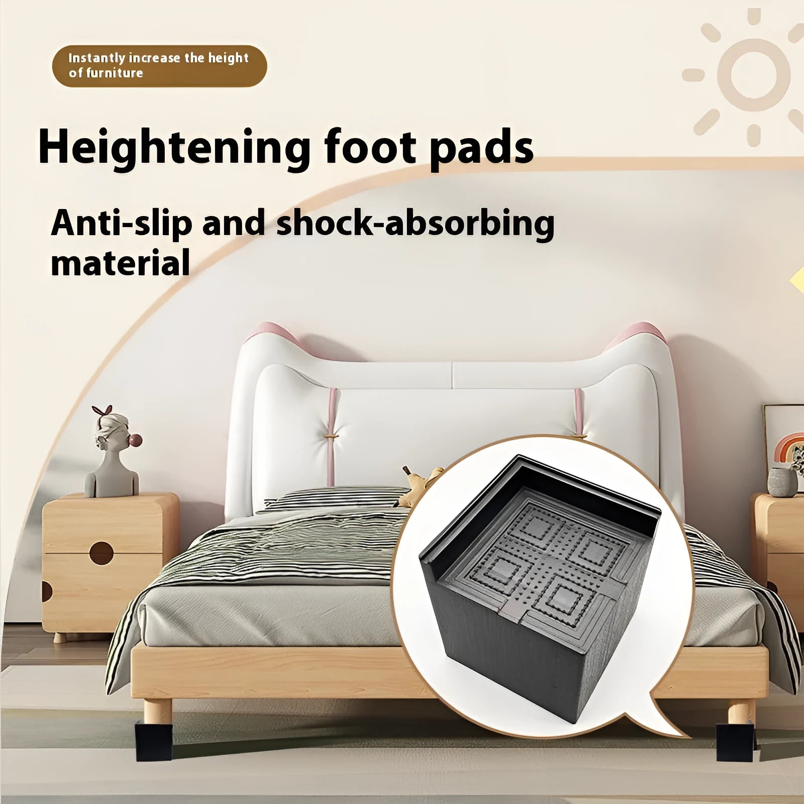 Four black thickened plastic furniture foot mats for raising sofa and bed height