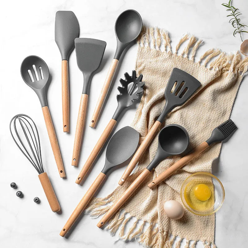 12-piece silicone kitchenware set with wooden handles in red colour box packaging, modern simplicity style
