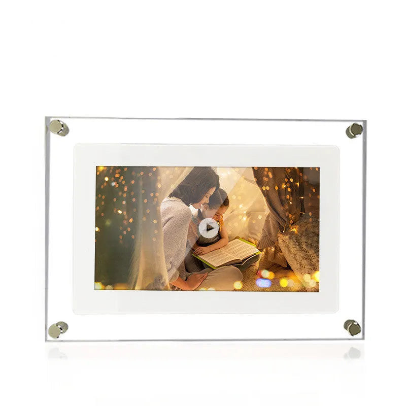 White vertical digital picture frame with 5-inch screen on a table