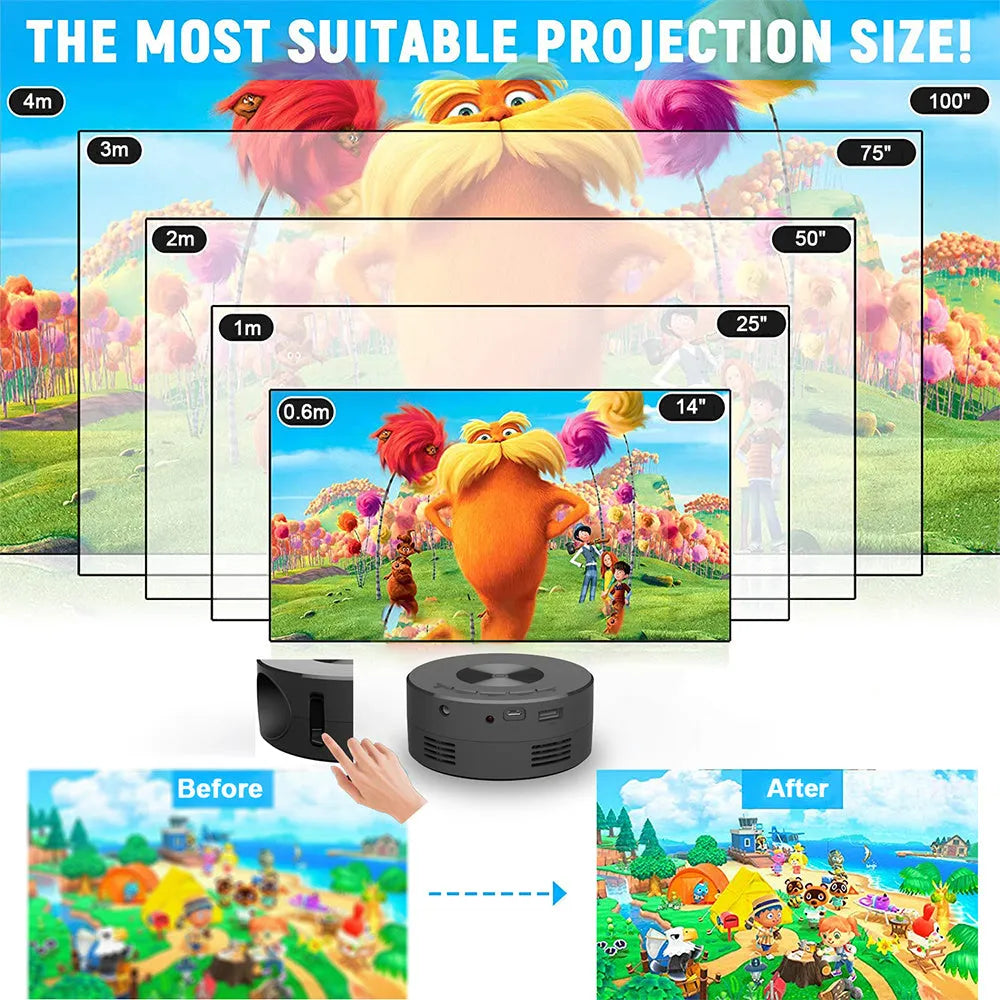 Black portable mini phone projector for children with compact 110mm design