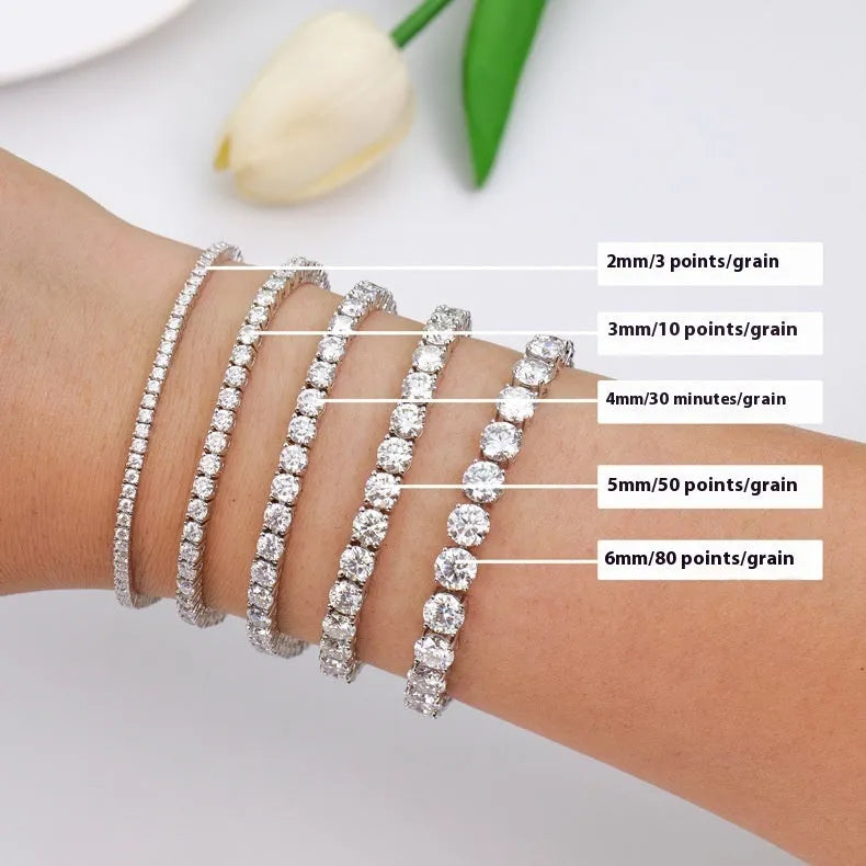 Full set moissanite S925 silver bracelet with square and hexagonal star motifs in platinum finish on a white background