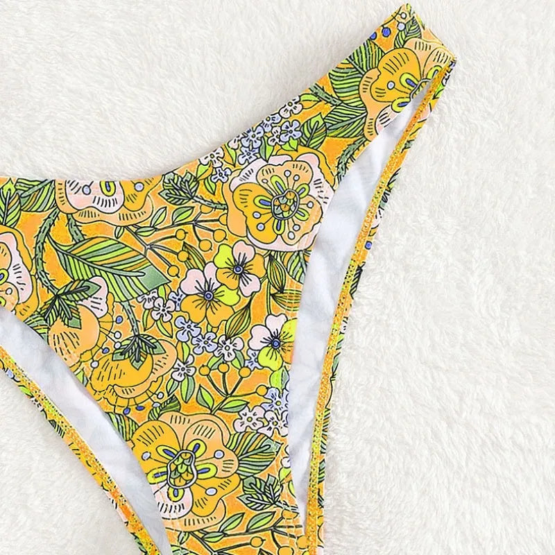 Women's printed sling bikini set in polyester, peacock blue or lemon yellow, sizes S-M-L