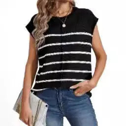 Women's striped sleeveless pullover vest in acrylic fabric on a hanger.