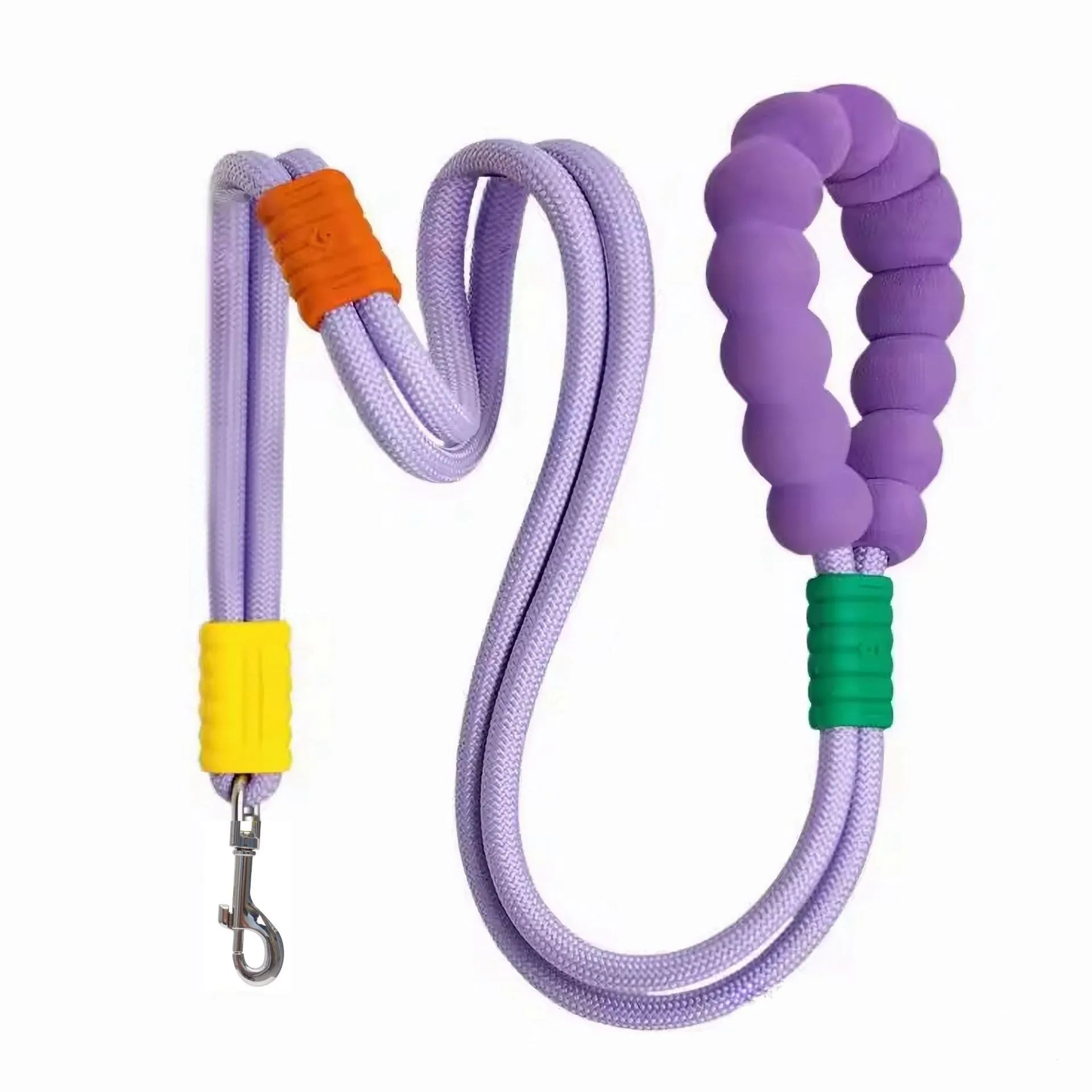 Nylon dog lead with foam handle showing black, light purple, sky blue and yellow colour options