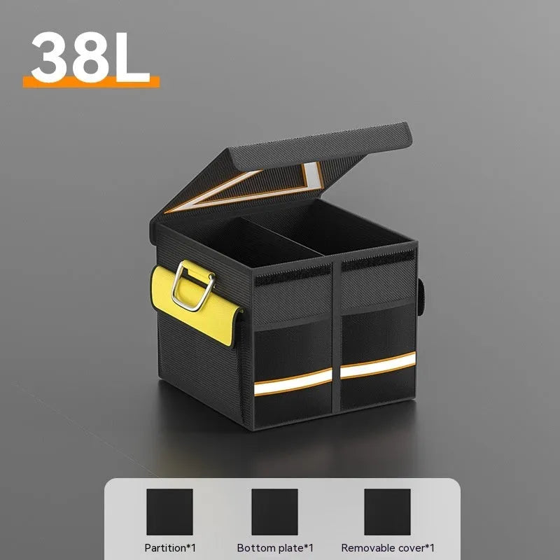 Black and yellow foldable car storage bag with handle in three size options