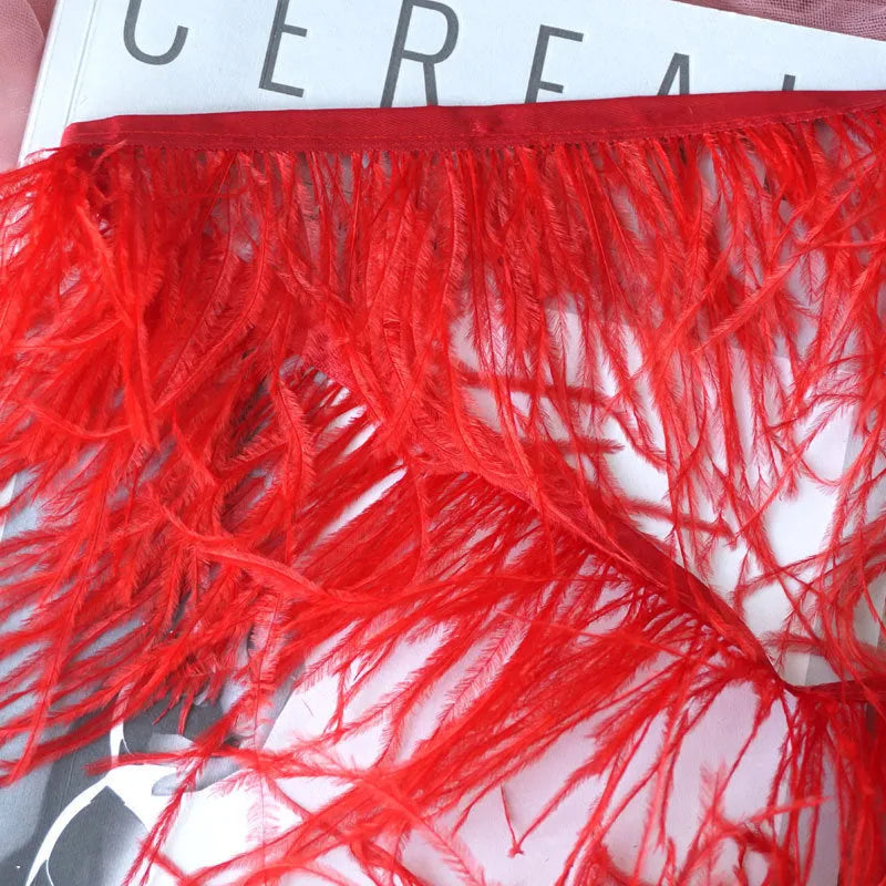 Decorative feather cloth strip in multiple colours including white, black, and mint green for DIY clothing and craft projects