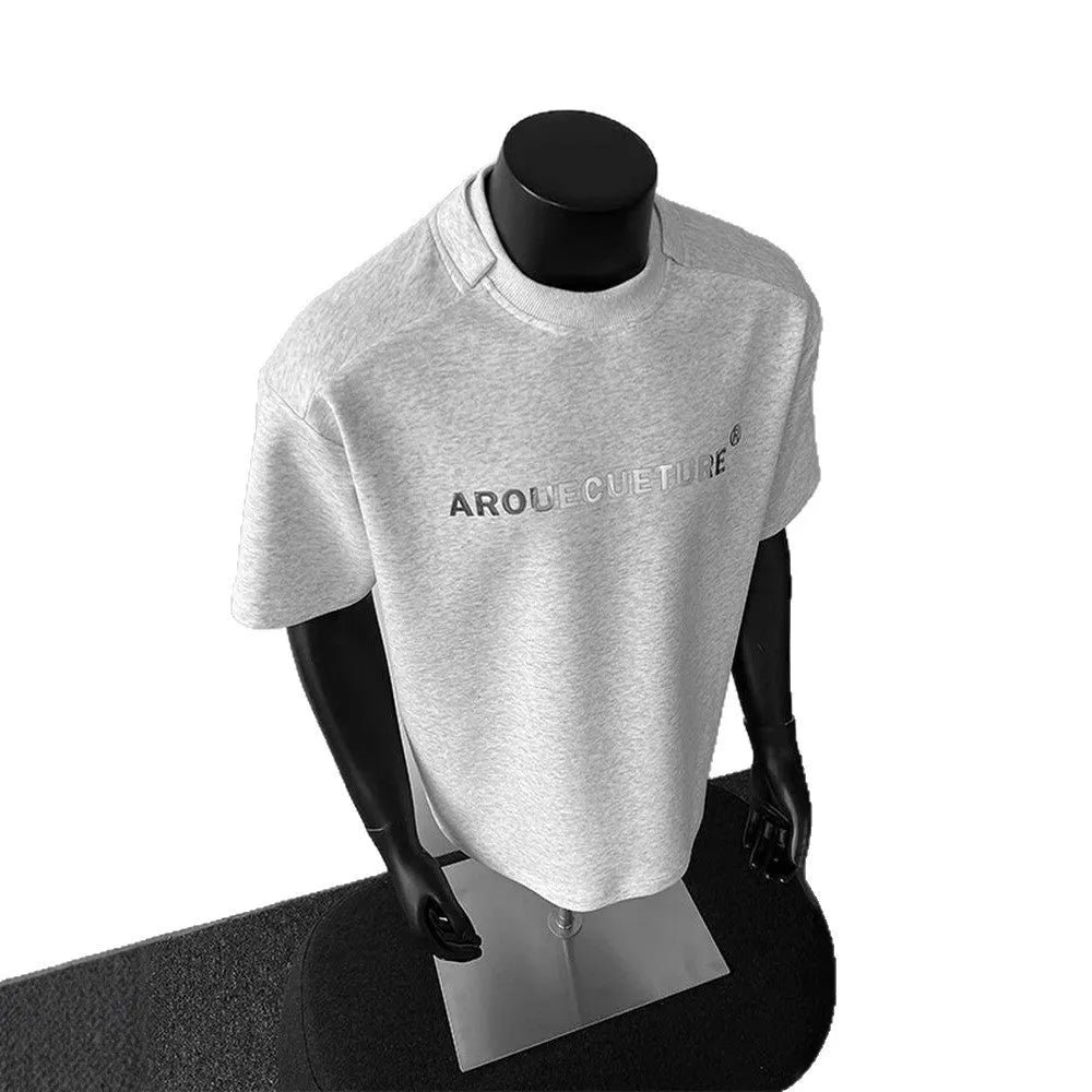 Men's white cotton short sleeve T-shirt with black printed letters design and loose fit