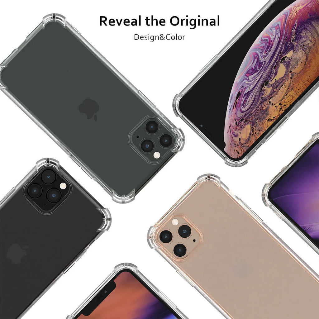 Clear transparent TPU shockproof case for iPhone on a table.