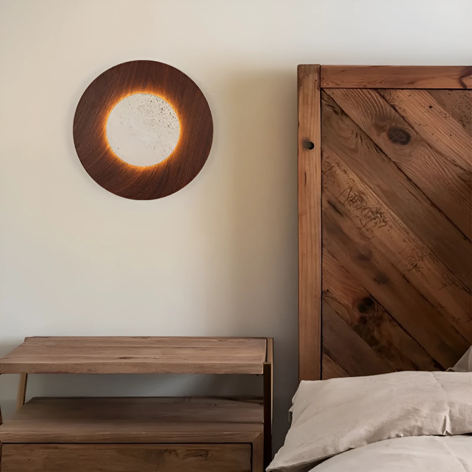 Round retro bedside wall lamp with yellow travertine lampshade and wood art body