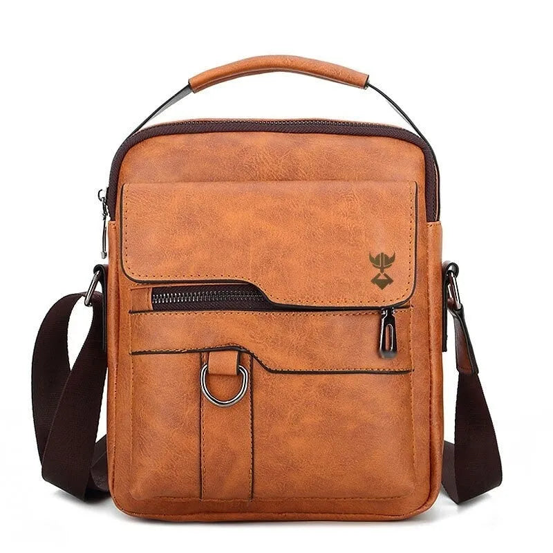 Khaki PU leather men's casual shoulder bag with zipper opening and single strap