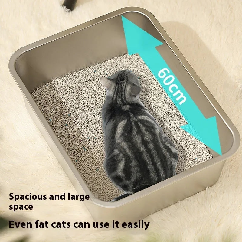 Large stainless steel litter box with anti-corrosion finish, 60x40x20cm size, on floor