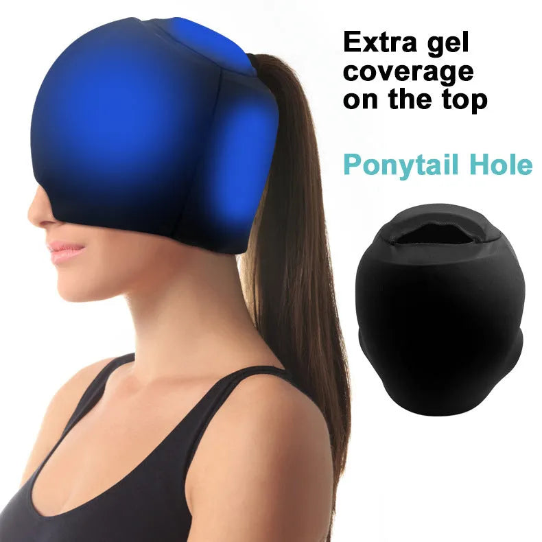 Simple solid colour fully enclosed cold compress cap for head cooling.
