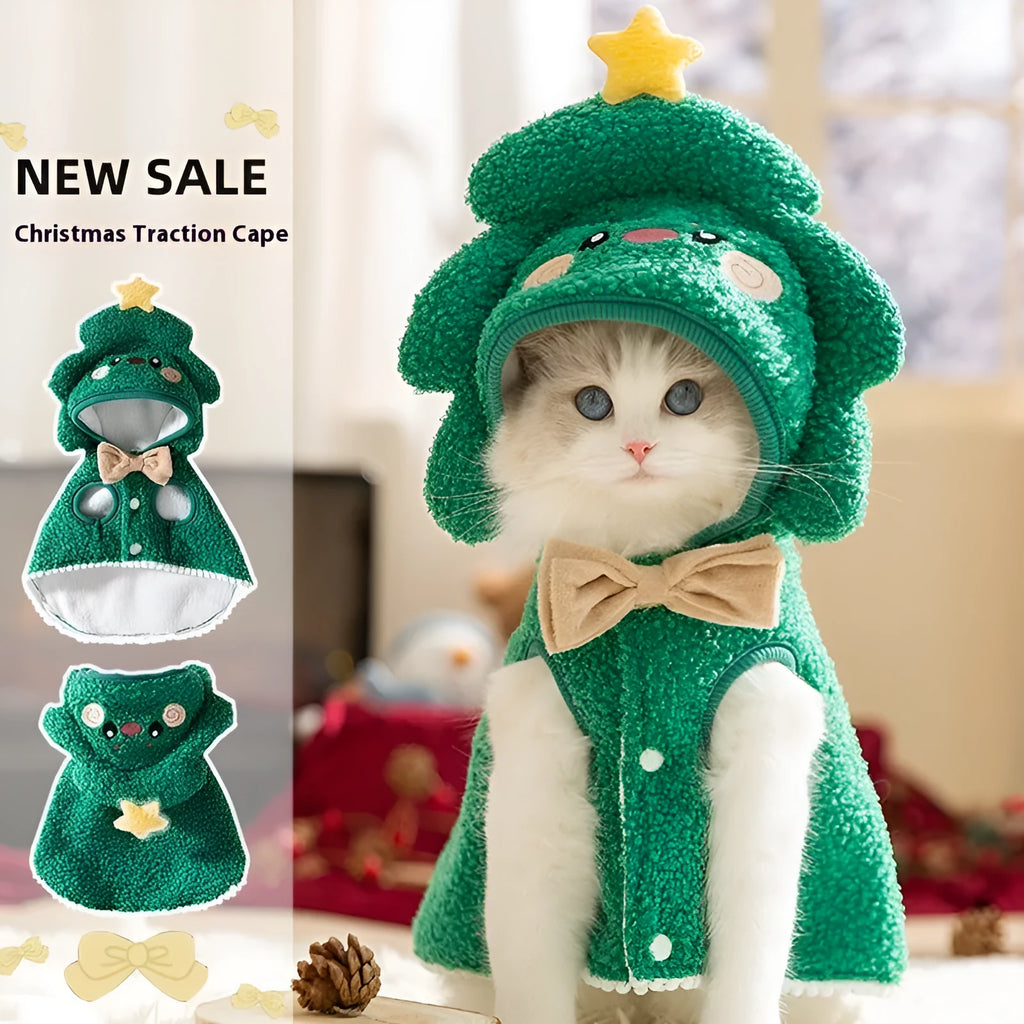 Cartoon elk design cat cloak in green or brown polyester for winter warmth