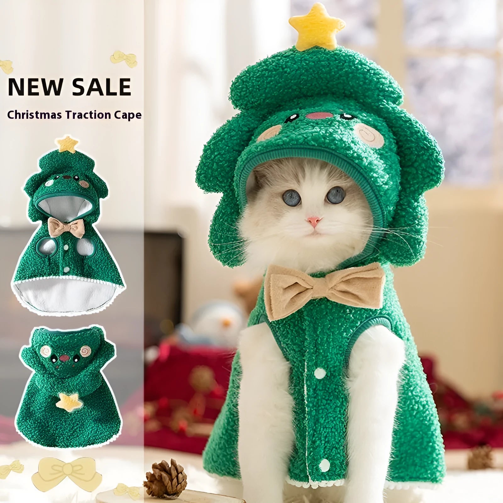 Cartoon elk design cat cloak in green or brown polyester for winter warmth