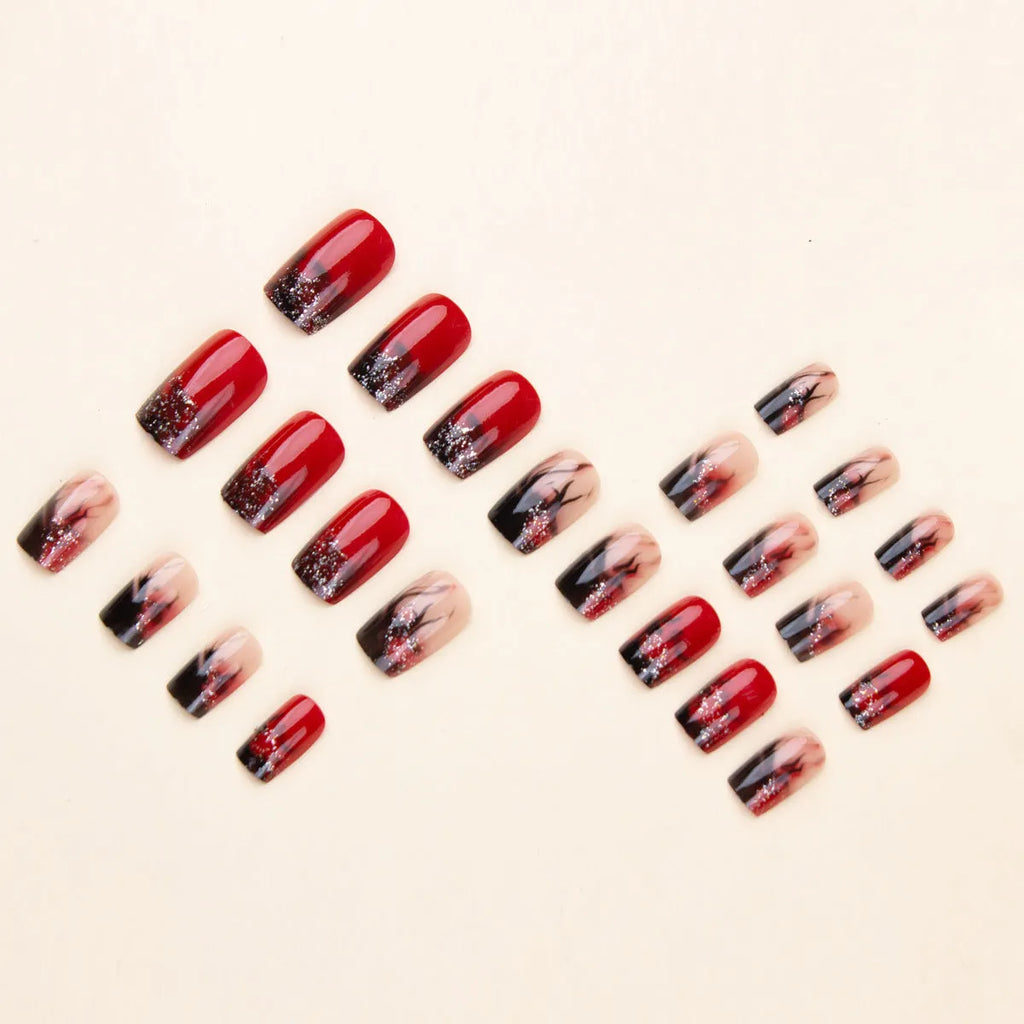 Colorful flame fire pattern fake nail patch set in long European square shape with jelly glue and rubbing strips