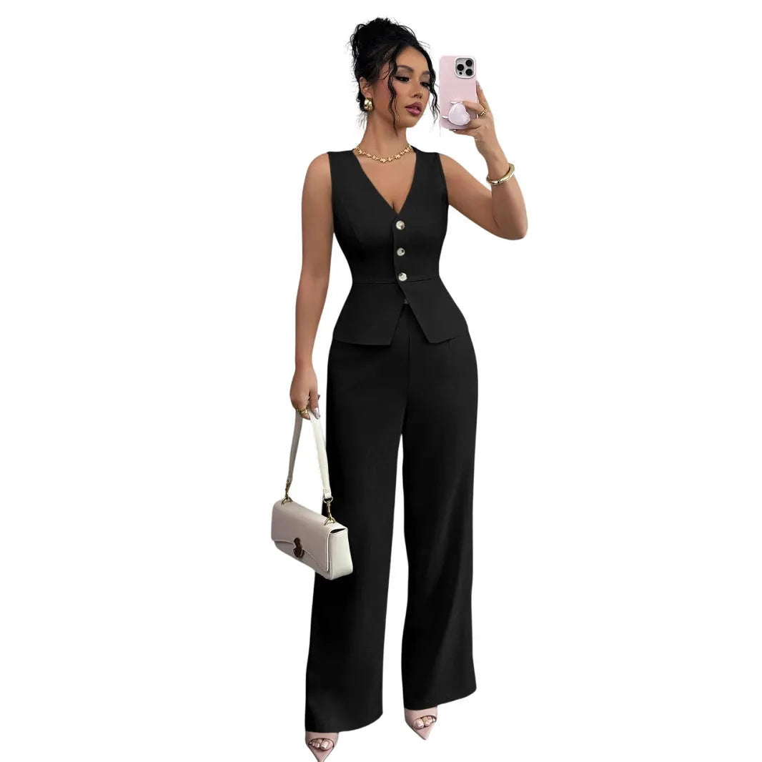 Women's black sleeveless vest and high waist trousers two-piece set on hanger