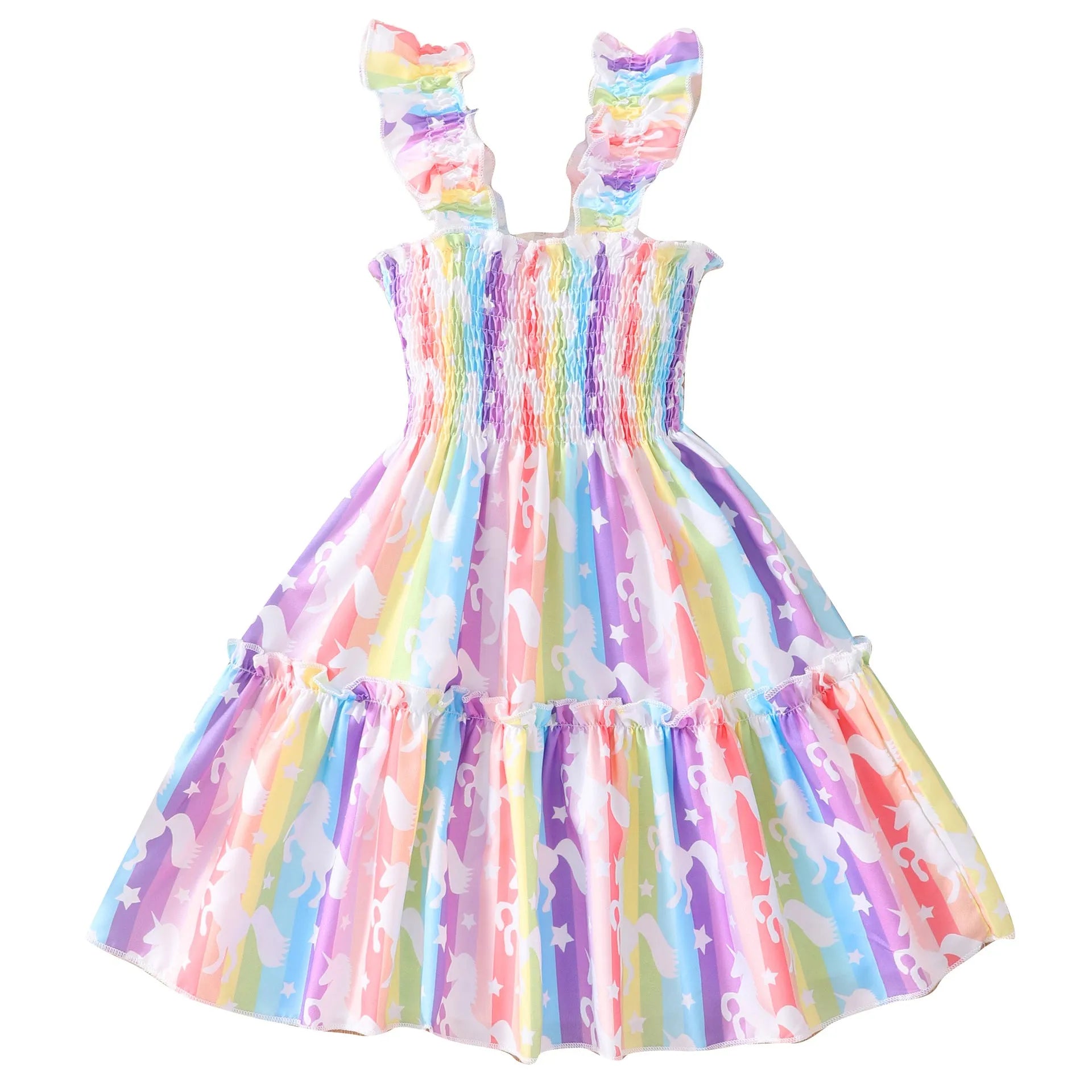 Children sleeveless smocking multicolor dress with leopard print butterfly and rainbow design for girls ages 2-7